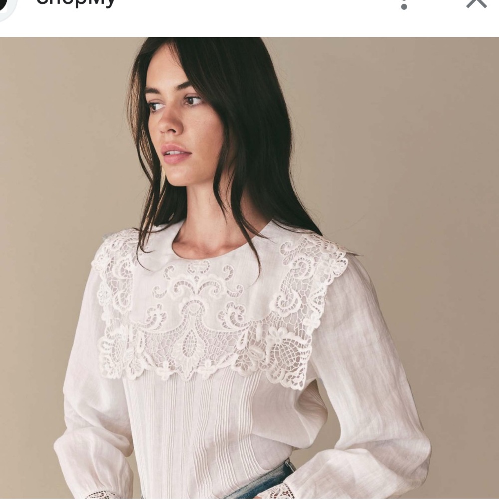 Simple Retro oversized large blouse  collar embroidered White Lace Women's Top L